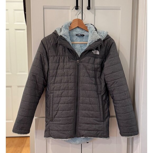 North Face Girls Jacket with Hood Mossbud Swirl Gray Size Large Coat 14/16 Blue - Picture 2 of 7